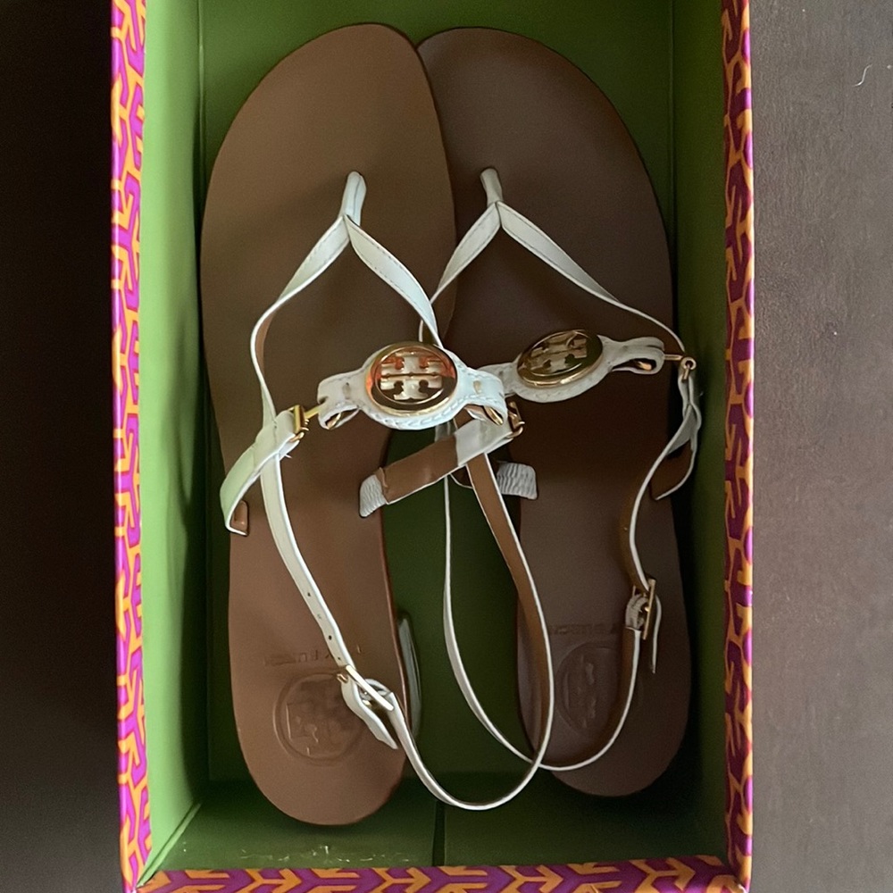 Tory Burch Addison patent white and gold sandals